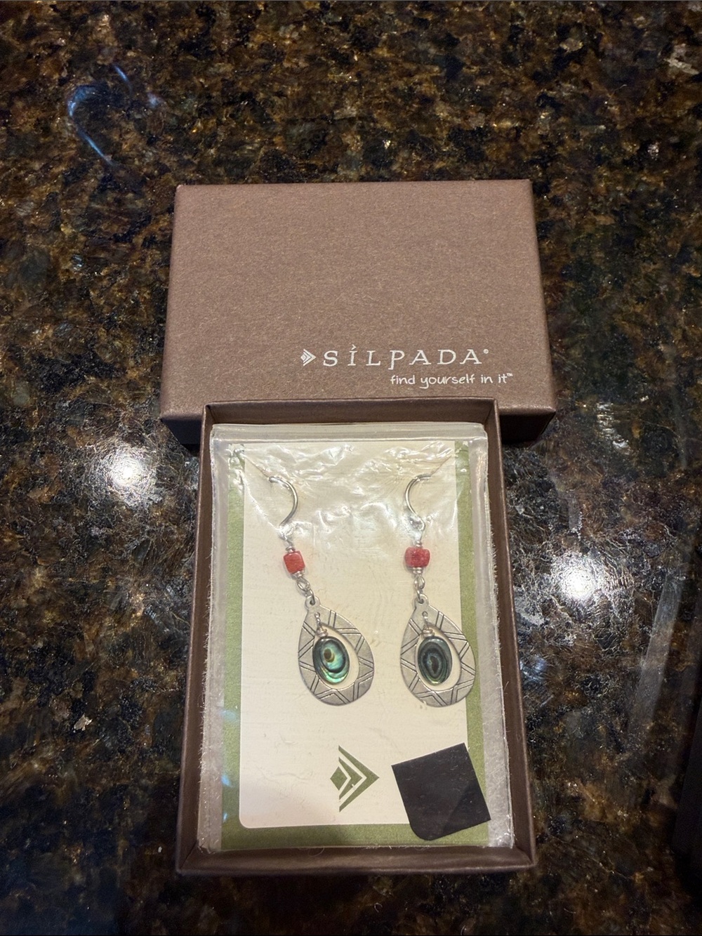 Silpada Green Abalone Teardrop Dangle Earrings with Red Accent